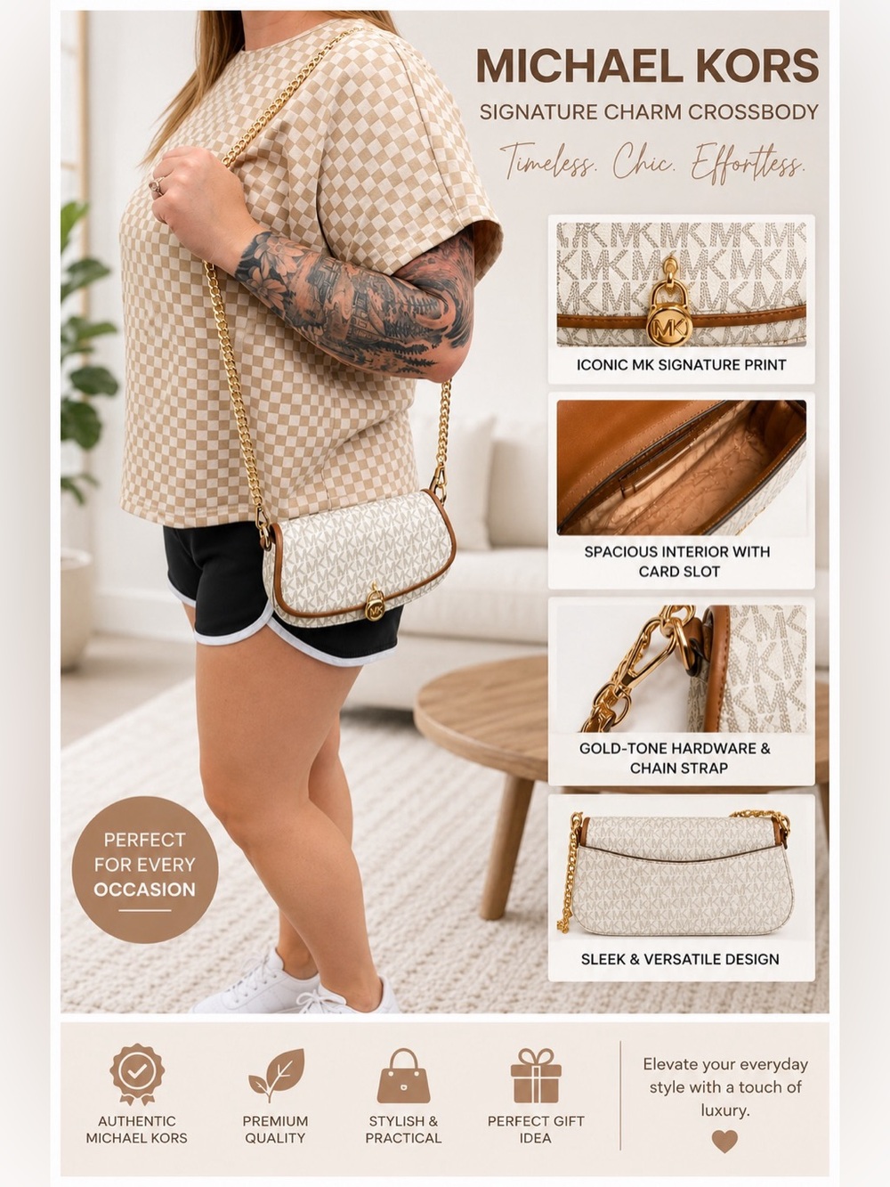 Michael Kors Cream Signature MK Charm Crossbody with Brown Trim